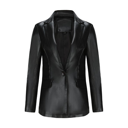 Women's PU Faux Leather Jacket Single Button Suit Jacket Fall and Winter Lapel Coat