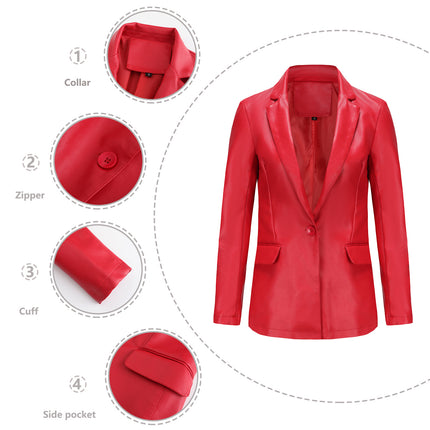 Women's PU Faux Leather Jacket Single Button Suit Jacket Fall and Winter Lapel Coat