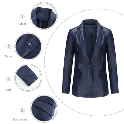 Women's PU Faux Leather Jacket Single Button Suit Jacket Fall and Winter Lapel Coat