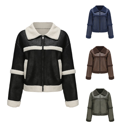 Women's Faux Suede Button-Up Motorcycle Jacket Lapel Padded Cropped Casual Jacket with Pockets