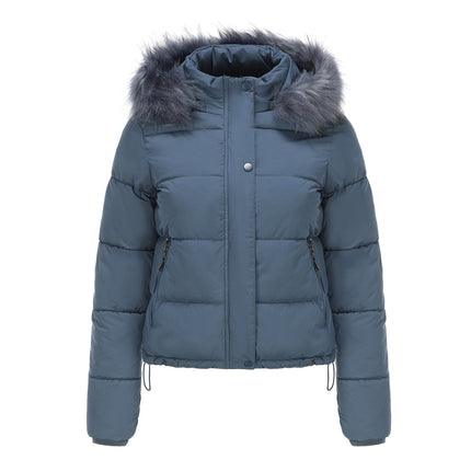 Women's Full Zipper Winter Coat Warm Sandwich Jacket with Removable Fur Hood with Pockets