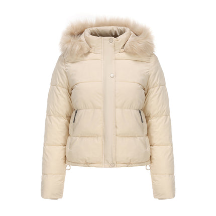 Women's Full Zipper Winter Coat Warm Sandwich Jacket with Removable Fur Hood with Pockets