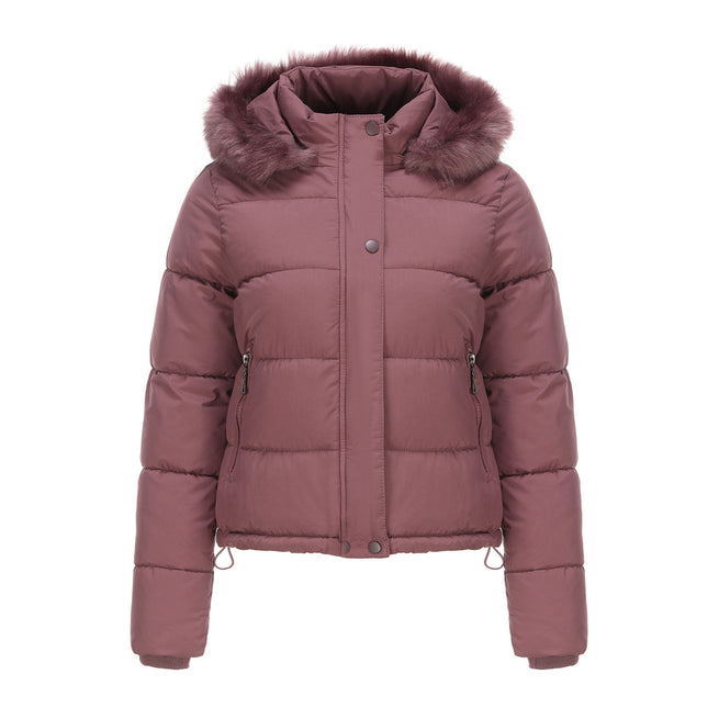 Women's Full Zipper Winter Coat Warm Sandwich Jacket with Removable Fur Hood with Pockets