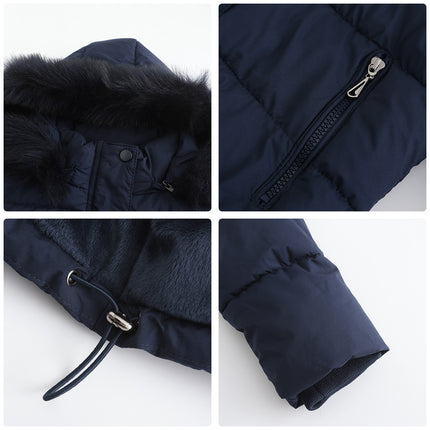 Women's Full Zipper Winter Coat Warm Sandwich Jacket with Removable Fur Hood with Pockets