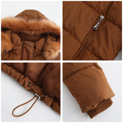 Women's Full Zipper Winter Coat Warm Sandwich Jacket with Removable Fur Hood with Pockets