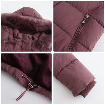 Women's Full Zipper Winter Coat Warm Sandwich Jacket with Removable Fur Hood with Pockets