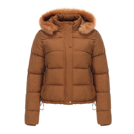 Women's Full Zipper Winter Coat Warm Sandwich Jacket with Removable Fur Hood with Pockets