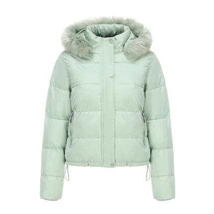 Women's Full Zipper Winter Coat Warm Sandwich Jacket with Removable Fur Hood with Pockets