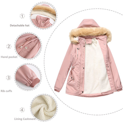 Women's Thicken Fleece Lined Parka Winter Coat Hooded Jacket with Removable Fur Collar