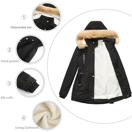 Women's Thicken Fleece Lined Parka Winter Coat Hooded Jacket with Removable Fur Collar