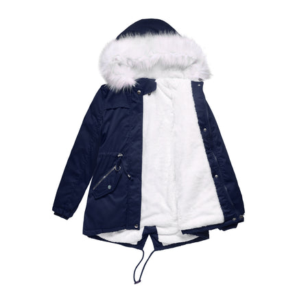 Women's winter jacket, warm wool lined padded parka, medium-length coat with fur hood