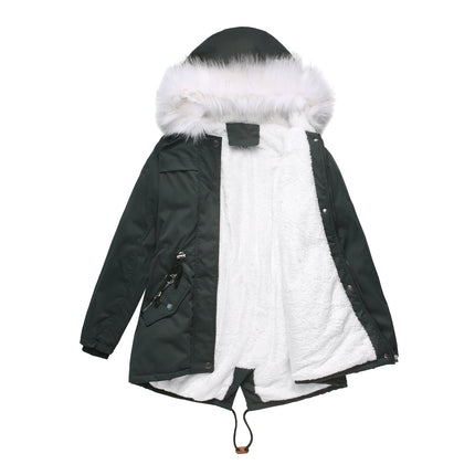 Women's winter jacket, warm wool lined padded parka, medium-length coat with fur hood