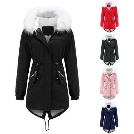 Women's winter jacket, warm wool lined padded parka, medium-length coat with fur hood