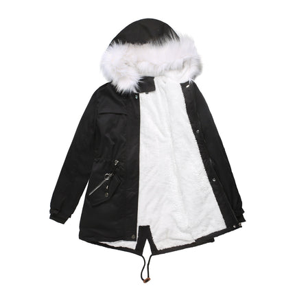 Women's winter jacket, warm wool lined padded parka, medium-length coat with fur hood