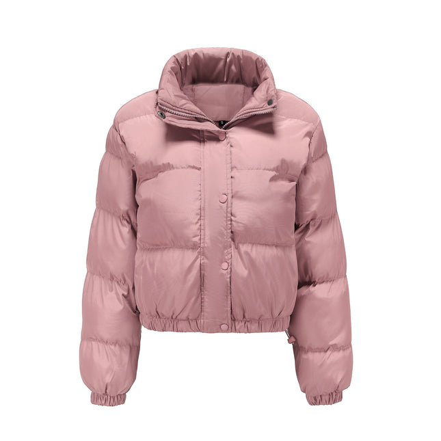 Womens Quilted Cropped Puffer Jacket Long Sleeve Full Zipper Pocketed Warm Short Bubble Coats