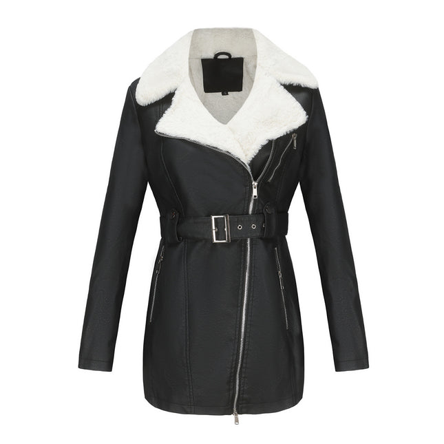 Women's Faux Leather Coat Warm Leather Jacket Long Sleeve Lapel Zipper with Belt PU Jacket