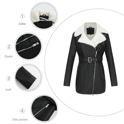 Women's Faux Leather Coat Warm Leather Jacket Long Sleeve Lapel Zipper with Belt PU Jacket