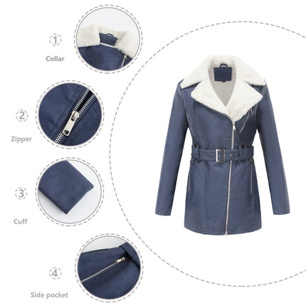 Women's Faux Leather Coat Warm Leather Jacket Long Sleeve Lapel Zipper with Belt PU Jacket