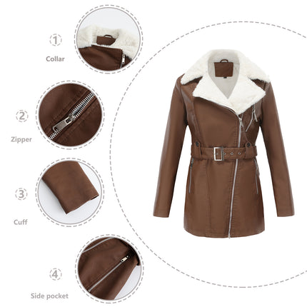 Women's Faux Leather Coat Warm Leather Jacket Long Sleeve Lapel Zipper with Belt PU Jacket