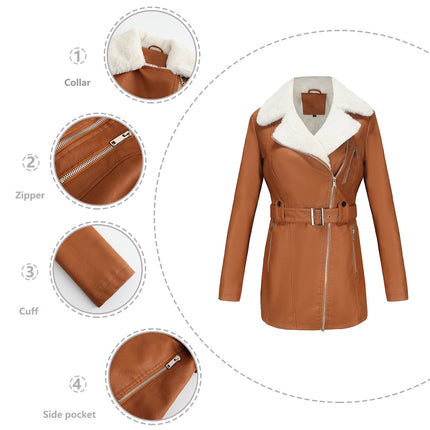 Women's Faux Leather Coat Warm Leather Jacket Long Sleeve Lapel Zipper with Belt PU Jacket