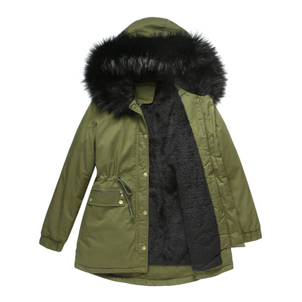 Women's winter thickened puffer coat, warm wool lined parka with hood and pockets