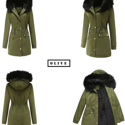 Women's winter thickened puffer coat, warm wool lined parka with hood and pockets