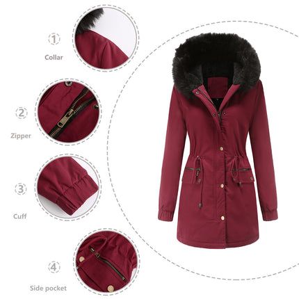 Women's winter thickened puffer coat, warm wool lined parka with hood and pockets