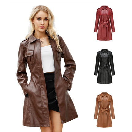 Women Trench Coat Long Loose Jacket Faux PU Leather Classic Lapel Overcoat with Belt