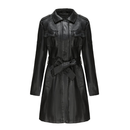 Women Trench Coat Long Loose Jacket Faux PU Leather Classic Lapel Overcoat with Belt