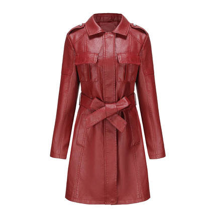 Women Trench Coat Long Loose Jacket Faux PU Leather Classic Lapel Overcoat with Belt