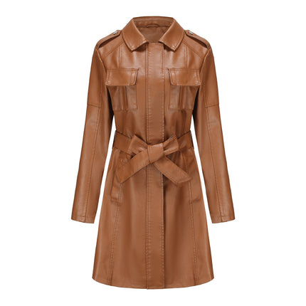 Women Trench Coat Long Loose Jacket Faux PU Leather Classic Lapel Overcoat with Belt