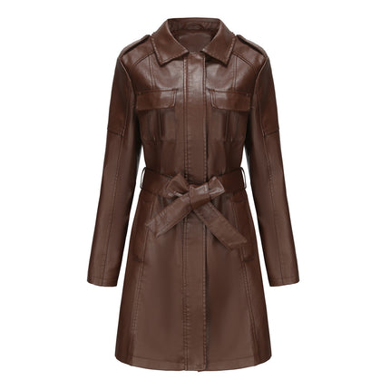 Women Trench Coat Long Loose Jacket Faux PU Leather Classic Lapel Overcoat with Belt