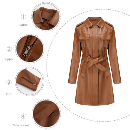 Women Trench Coat Long Loose Jacket Faux PU Leather Classic Lapel Overcoat with Belt