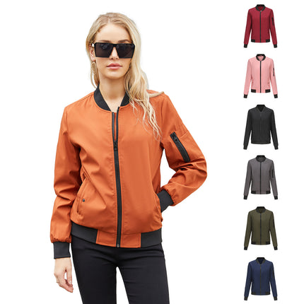 Women's Zipper Standing Collar Baseball Jacket Long Sleeve with Pockets Casual Loose Jacket