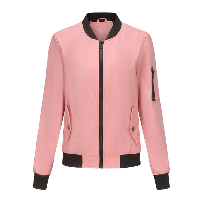 Women's Zipper Standing Collar Baseball Jacket Long Sleeve with Pockets Casual Loose Jacket