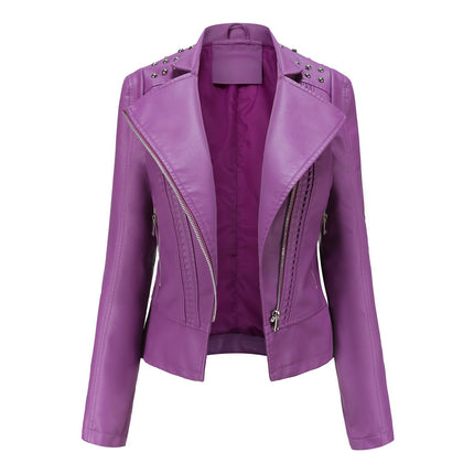 Women's Faux Leather Beaded Lapel Jacket PU Slim Fit Cropped Motorcycle Jacket with Zipper Pockets