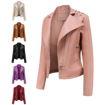 Women's Faux Leather Beaded Lapel Jacket PU Slim Fit Cropped Motorcycle Jacket with Zipper Pockets