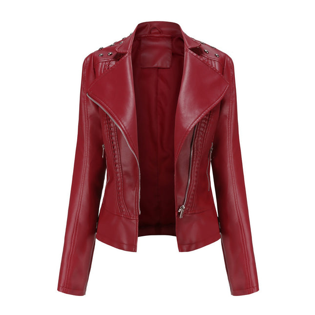 Women's Faux Leather Beaded Lapel Jacket PU Slim Fit Cropped Motorcycle Jacket with Zipper Pockets