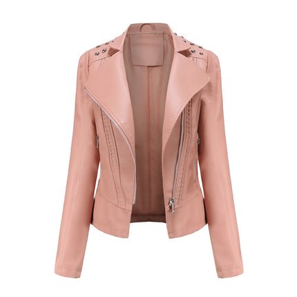 Women's Faux Leather Beaded Lapel Jacket PU Slim Fit Cropped Motorcycle Jacket with Zipper Pockets