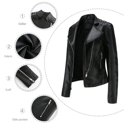 Women's Faux Leather Beaded Lapel Jacket PU Slim Fit Cropped Motorcycle Jacket with Zipper Pockets