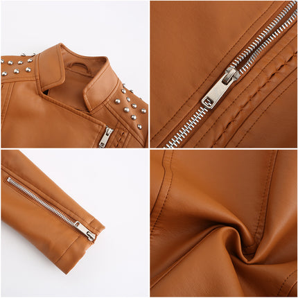 Women's Faux Leather Beaded Lapel Jacket PU Slim Fit Cropped Motorcycle Jacket with Zipper Pockets