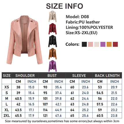 Women's Faux Leather Beaded Lapel Jacket PU Slim Fit Cropped Motorcycle Jacket with Zipper Pockets