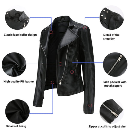 Women's Faux Leather Beaded Lapel Jacket PU Slim Fit Cropped Motorcycle Jacket with Zipper Pockets