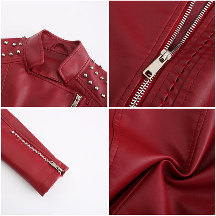 Women's Faux Leather Beaded Lapel Jacket PU Slim Fit Cropped Motorcycle Jacket with Zipper Pockets