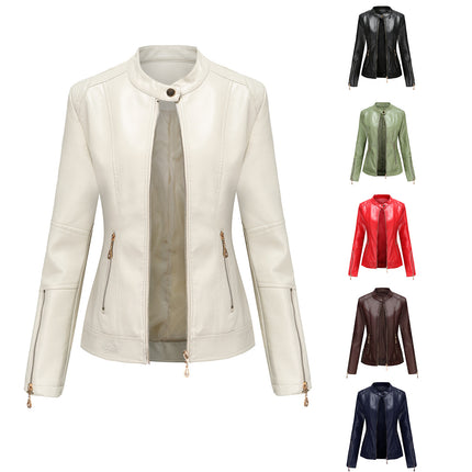 Women's Zipper Faux Leather Jacket PU Slim Short Motorcycle Jacket with Pocket Model A