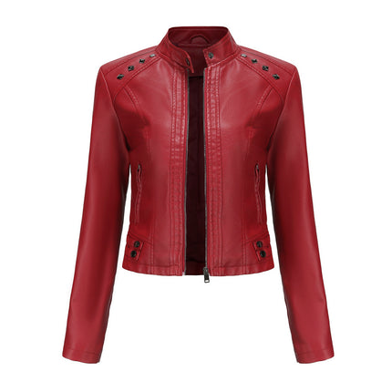 Women's Faux Leather Rivets Motorcycle Jacket PU Slim Short Jacket with Zipper Pocket