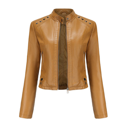 Women's Faux Leather Rivets Motorcycle Jacket PU Slim Short Jacket with Zipper Pocket