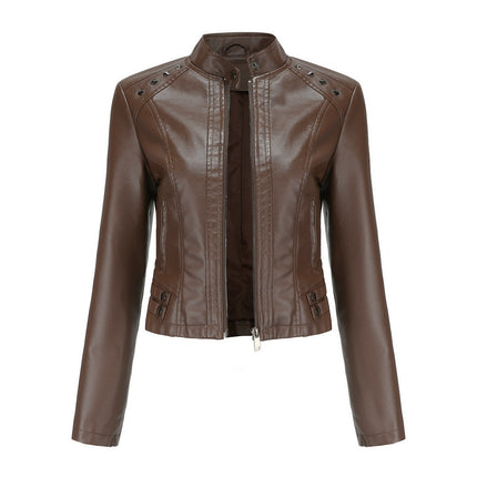 Women's Faux Leather Rivets Motorcycle Jacket PU Slim Short Jacket with Zipper Pocket