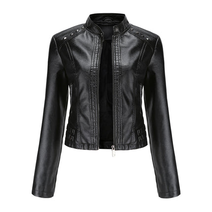 Women's Faux Leather Rivets Motorcycle Jacket PU Slim Short Jacket with Zipper Pocket