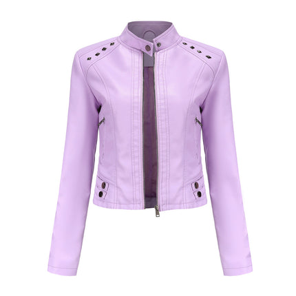 Women's Faux Leather Rivets Motorcycle Jacket PU Slim Short Jacket with Zipper Pocket